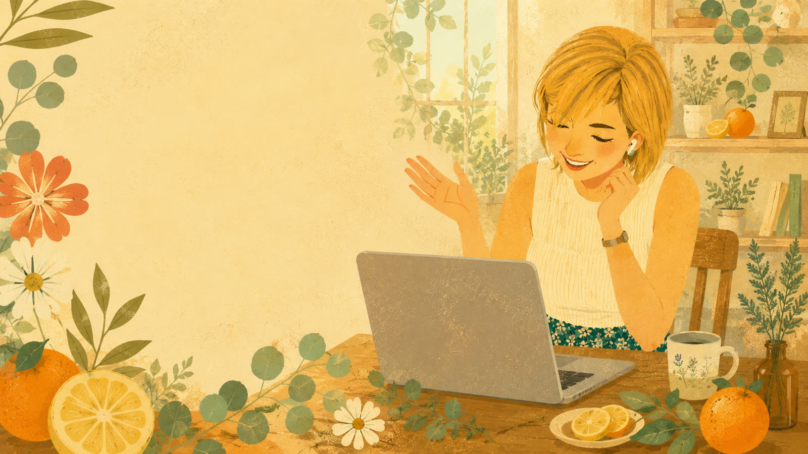 窓辺の机でノートパソコンを開き、にこやかにオンラインで話をする女性のイラスト。まわりに花や果物、緑の葉が描かれている